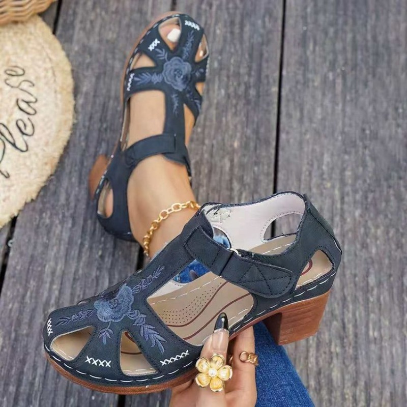 Formal Women Daily Wear Sandals - Damessandalen Middelhoge blokhak Bloemenborduurwerk Uitgesneden open