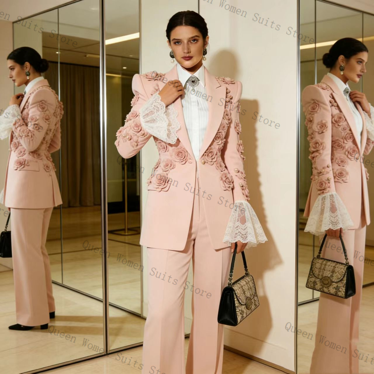 Women Formal Wear Outfits - Roze damespak 2-delig blazer broek 3D