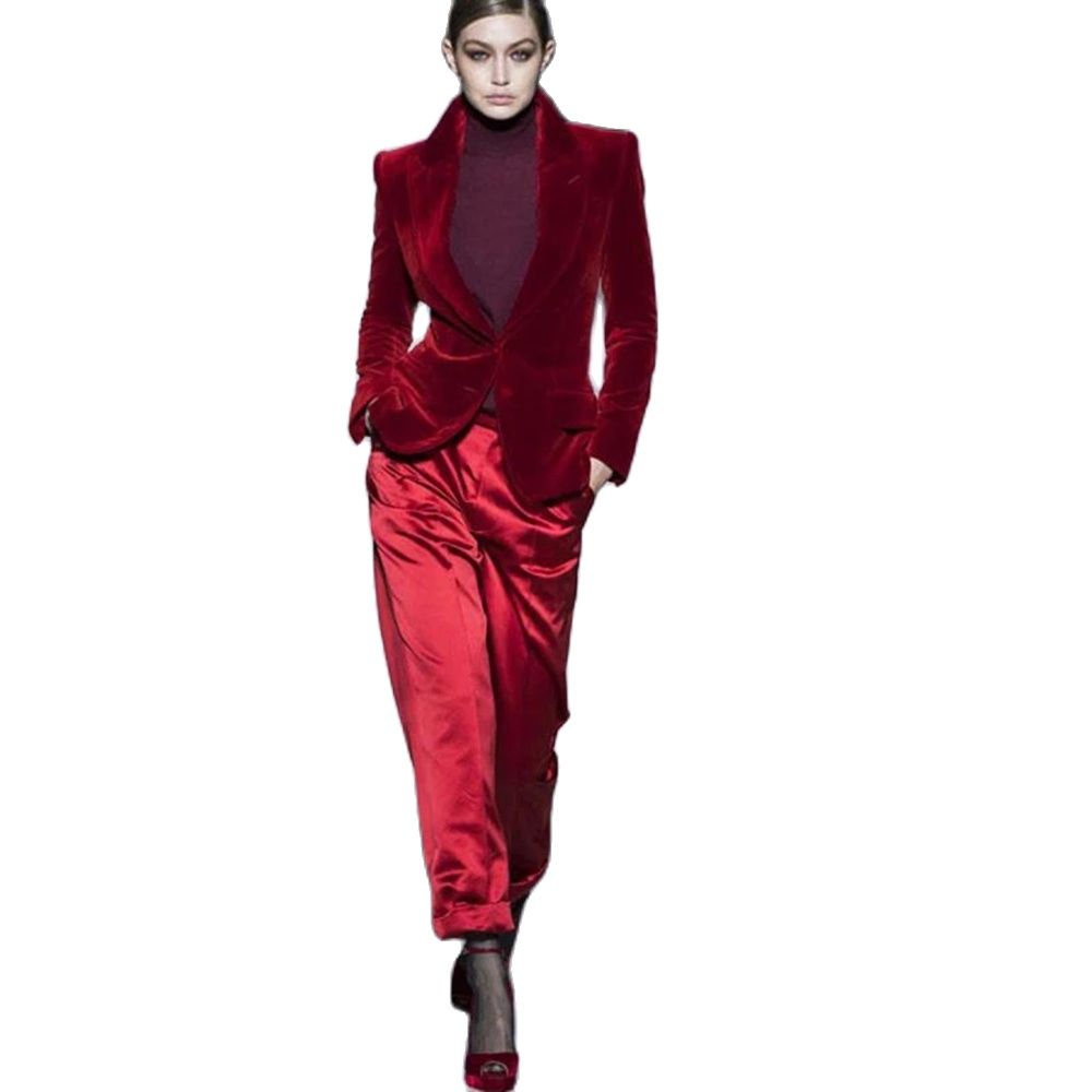 Women'S Formal Wear For A Wedding - Vrouwen Broek Past Wijn Rode Fluwelen